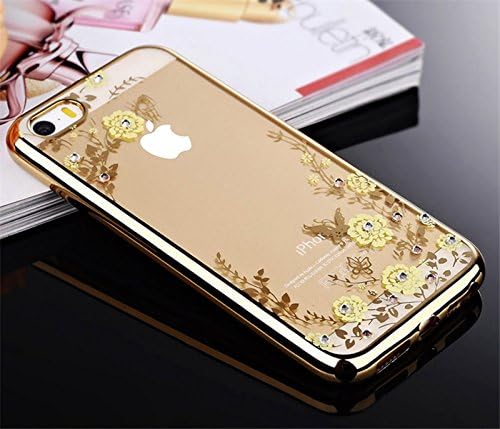 iPhone 5/5S/5SE Case,Soft Case Cover,Clear TPU Cover with Glitter Bling Zircon and Flowers for Apple iPhone 5 5S 5SE (Gold + Green Flower)
