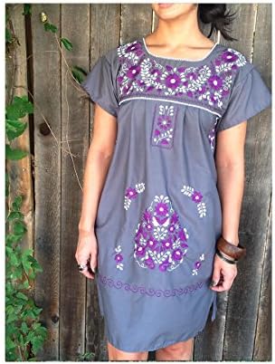 Nativa Women's Mexican Hand Embroidered Puebla Dress (Medium, Purple/White)
