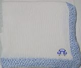 Knitted on Hand Knitting Machine Ivory Cotton Hand Crochet Finished with Blue Rayon Chenille Infant Boys Large Blanket Size 32 By 45 Inches Trimmed with Blue Race Car