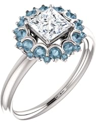 18K White Gold Princess Cut White and Blue Diamond Flower Inspired Ring -- LIFETIME WARRANTY