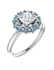 14K White Gold Princess Cut White and Blue Diamond Flower Inspired Ring -- LIFETIME WARRANTY