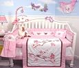 SoHo Love Bird Story Crib Nursery Bedding Set 10 pcs **Reversible Into Morden Pink & Brown Polka Dot Designs !**
