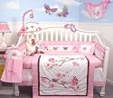 SoHo Love Bird Story Crib Nursery Bedding Set 10 pcs **Reversible Into Morden Pink & Brown Polka Dot Designs !**