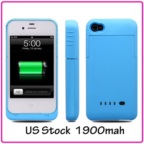 Baixt Ultra iphone 4 / 4s External Rechargeable Spare Backup Extended 1900 mAh Battery Charger Pack Case Cover Power Bank for Apple iphone 4 4s Blue