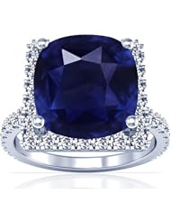 14K White Gold Cushion Cut Blue Sapphire Ring With Sidestones