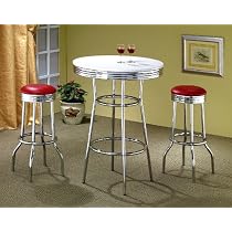 3pcs Retro Style Red & Chrome Bar Table w/; 2 Stools Set