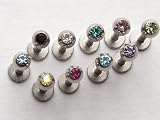 pack of 10 surgical steel jewel labrets, 10 colour jewel available in 3 sizes 6mm,8mm,10mm with 3mm jewel ball (can be used for tragus/lip piercing)each pack of 10 contains one size, 8mm average size will be posted unless buyer emails to advise different size required