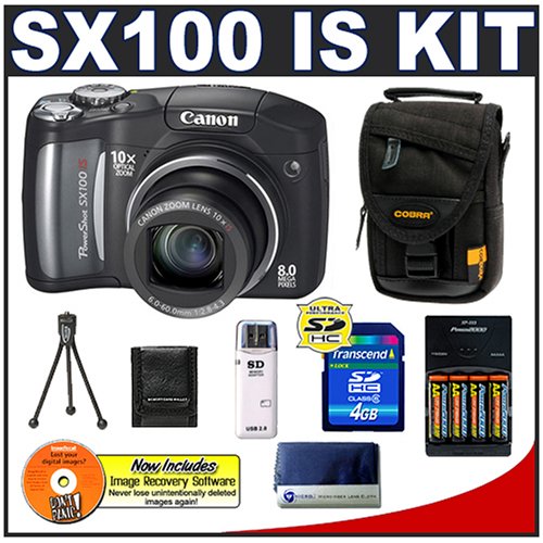 Canon PowerShot SX100IS 8MP Digital Camera with 10x Optical Image Stabilized Zoom (Black) + Transcend 4GB SecureDigital (SDHC) Memory Card + USB Card Reader + NiMH Rapid Charger & High-Capacity Rechargeable Batteries + Padded Camera Case