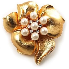 Stunning Crystal Pearl Flower Brooch (Matter Gold Finish)