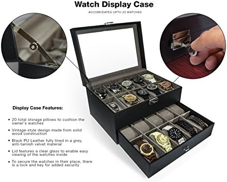 GGI INTERNATIONAL 20 Watches Large Box Black Leather Display Glass Top Jewelry Case Organizer