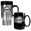 Milwaukee Brewers MLB Stainless Steel Travel Mug & Black Ceramic Mug Set - Primary Logo by Great American Products
