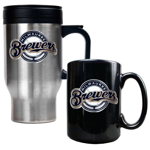 Milwaukee Brewers MLB Stainless Steel Travel Mug & Black Ceramic Mug Set - Primary Logo