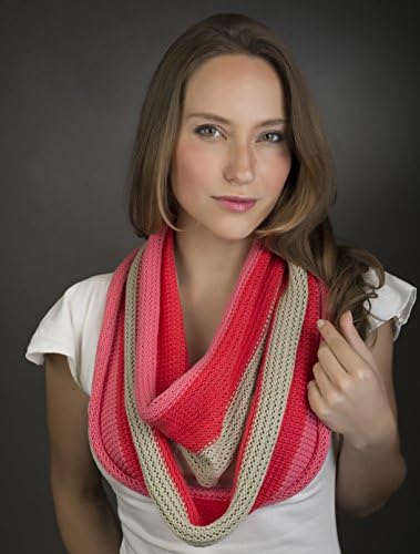 Elizabeth Koh Women's Striped Infinity Scarf 100% Cotton (Oatmeal Pink Coral)