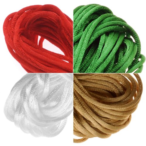 Satin Rattail Cord 1mm Christmas Mix 4 Color 6 Yd Ea - White, Gold, Red, Kelly Green