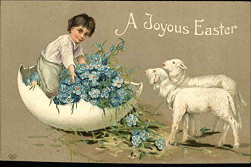 A Joyous Easter – Young Boy sitting in Egg Shell with Blue Flowers, Two White Lambs Original Vintage Postcard