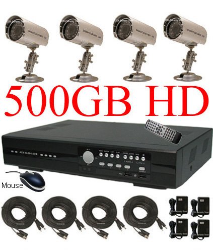Best Price USA Security Store -- CCTV 4 Sharp CCD Day/Night Vision Color Cameras with one 4 Channels Video audio H.264 Security Surveillance DVR Digital Video Recorder System Built-in 500GB HDD, Included 4x65FT video cables and Power Supplies KIT. Supports Network Remote Viewing Over Internet, Windows IE, iPhone, Windows Mobile, and Apple Mac FireFox.