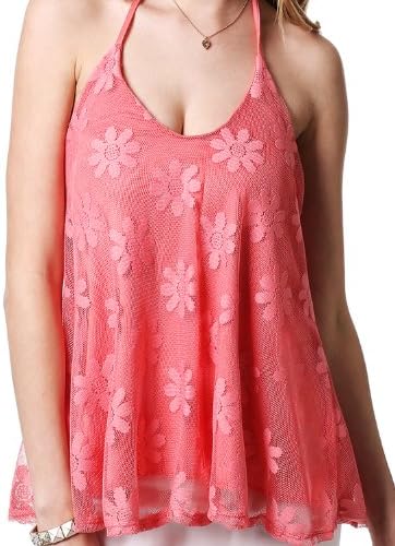 11 FOXY Womens Semi-Sheer Sleeve Embroidery Floral LaceT shirt CORAL MEDIUM