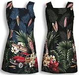 Tropical Surfboard Woodie Square Neck A-Line Hawaiian Aloha Short Tank Dress - Regular and Plus Size