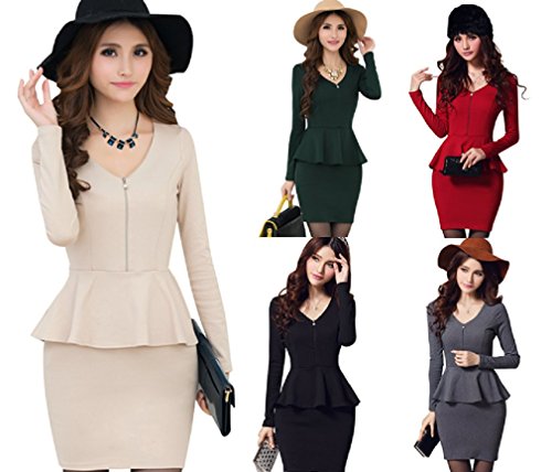 【ARINCO】 ペプラム スリム効果 長袖 ワンピース エレガント 春 レディース 大きい サイズ S M L XL XXL XXXL