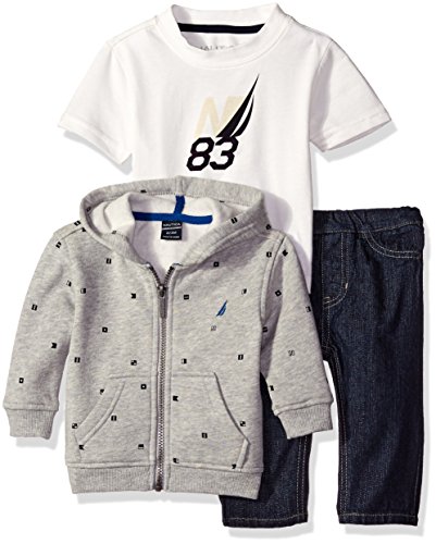 Nautica Baby Three Piece Set with Fleece Printed Hoodie, Tee, and Denim Jean, Grey Heather, 3-6 Months