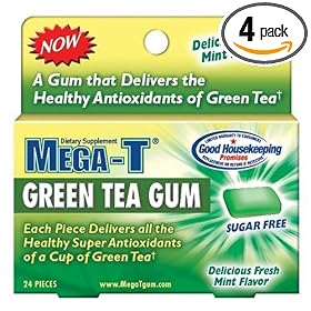 Mega-T Dietary Supplement Sugar Free Green Tea Chewing Gum, Fresh Mint Flavor, 24-Count Boxes (Pack of 4) by Mega-T