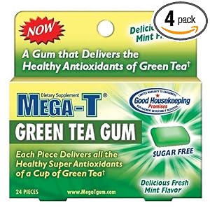 Mega-T Dietary Supplement Sugar Free Green Tea Chewing Gum, Fresh Mint Flavor, 24-Count Boxes (Pack of 4)