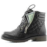 DailyShoes Women's Military Lace Up Buckle Combat Boots Ankle High Exclusive Credit Card Pocket, Black Pu, 8.5