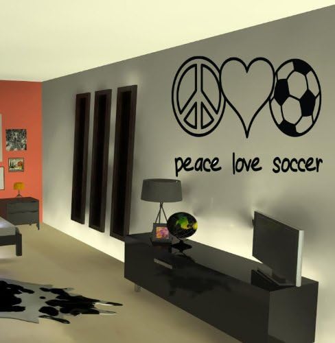 Peace Love Soccer Picture Art Home Decor Sticker Vinyl Wall Decal 12x20-Inch, Blac