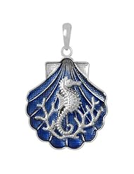 925 Solid Sterling Silver Necklace Charm Pendant, Blue Enamel Shell With Seahorse Atta