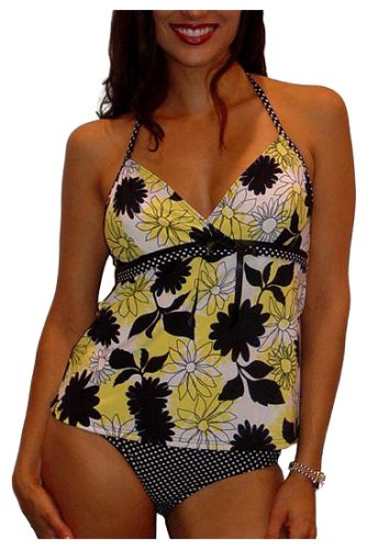 It Figures Women's Flower Power Cross Over Halter Tankini Suit