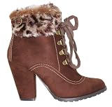 Women Brown Faux suede Fur Fold Trim High Heel Ankle Boots