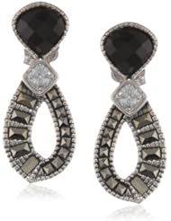 Judith Jack "Flamenco" Sterling Silver, Marcasite and Onyx Mini Teardrop Earrings