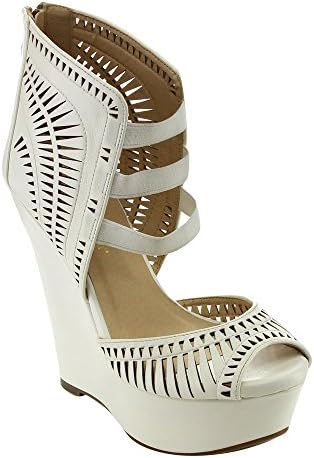 QUEEN CHATEAU MANDY-4 Women's Hollow Cut Out Vamp Platform Wedge Heels, Color:WHITE, Size:9