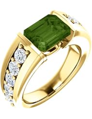 18K Yellow Gold 9.00x7.00mm Emerald Cut Green Tourmaline and Diamond Ring -- LIFETIME WARRANTY