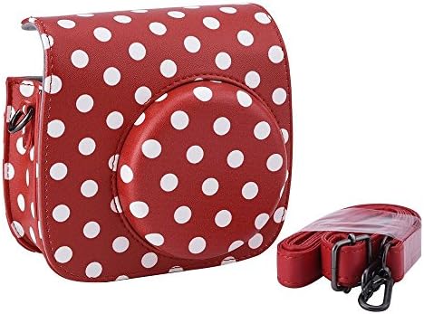 Angeka Fujifilm Instax Mini 8 Instant Film Camera Dark Red Case Bag With Pocket Design And Adjustable Strap Great Gift For Girls (Red Case With Cute White Polka Dots )