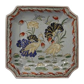 Square chinese porcelain plate with longevity cranes, blues by Reorient