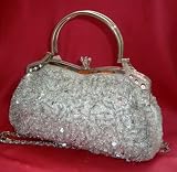 SILVER DIAMANTE BEADED SEQUIN CLUTCH BAG PURSE EVENING WEDDING