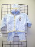 Cpk3, Knitted on Hand Knitting Machine Finished By Hand Crochet Blue Che4nille Beige Trim Infant Boys Cardigan Pant Hat Set Trimmed with Teddy Bear Applique