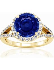 14K Yellow Gold Round Cut Blue Sapphire Ring With Sidestones (GIA Certificate)