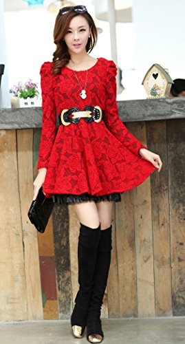 ワンピース レース ドレス ウエストベルト フレアー ミニ チュニック ラウンドネック 長袖 結婚式 キュート カジュアル パーティ ２次会 レディース 秋物 冬物 可愛いスカーフ付き R267