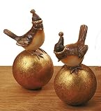 2ER SET VOGEL AUF KUGEL ANTIK GOLD 12 CM NIKOLAUSMÜTZE