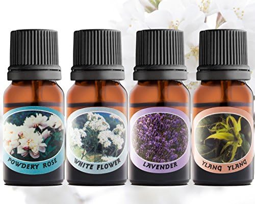 Amusing Aromas Essential Oils Set; Set of 4 All-Natural, Therapeutic Grade Aromatherapy Oils, Sensual, Satisfying and Uplifting Scents: Lavender, Ylang-ylang, And Powdery Rose &amp; White Flower