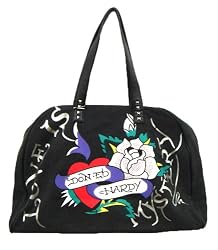 New Ed Hardy Jane Carry on Rhinestone Canvas & Leather Tote Handbag Purse