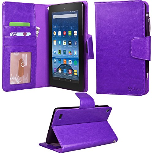 Fire 7 2015 Case, Arae Amazon fire 7 2015 wallet case ,Flip Folio [Kickstand Feature] PU leather [Wrist Strap] wallet case with ID&Credit Card Pockets For fire 7 2015 (Purple)