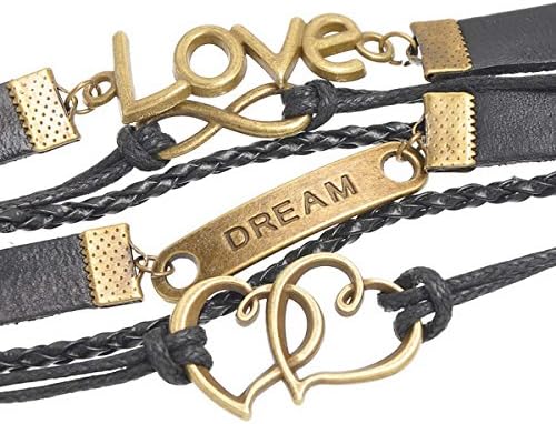 Terrific 1pc Handmade Infinity Love Hearts Rectangle Charms Black Wrap Bracelet 18.5cm