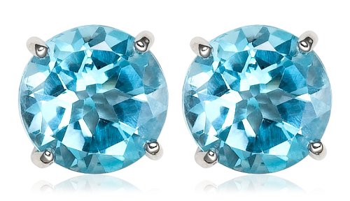 14k White Gold 7mm Round Swiss Blue Topaz Stud Earrings