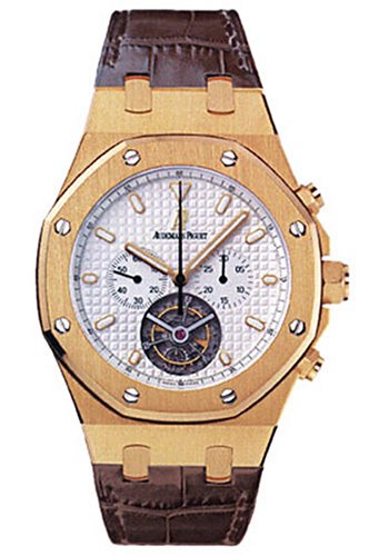Audemars Piguet Royal Oak Men's Silver Dial Brown Strap 18K Yellow Gold Chronograph Tourbillon Watch 25977BA.OO.D088CR.01
