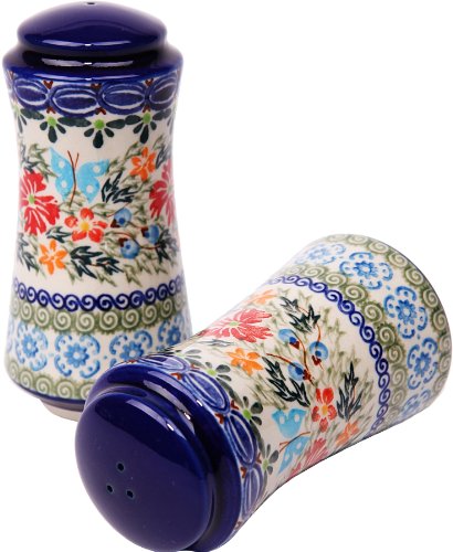 Polish Pottery Ceramika Boleslawiec,  1313/238, Salt and Pepper Milano, 4 3/4 by 2 1/4 Inches in Diameter - 9 Tablespoons Each, Royal Blue Patterns with Red Cornflower and Blue Butterflies Motif