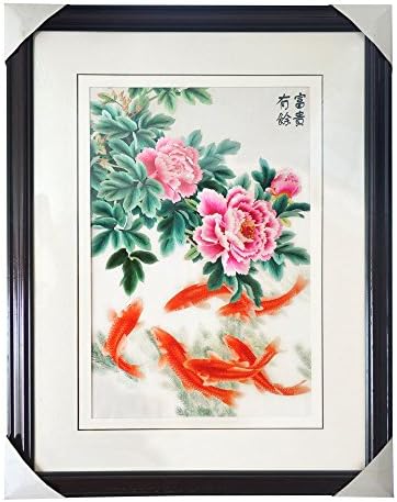Congyixuan 100% Handmade Chinese Embroidery Large Framed Red Peony and Gold Fish Painting Gift Oriental Wall Hanging Wedding Artwork Decoration Picture