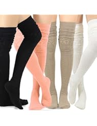 Apparel: Teehee Womens Fashion Extra Long Pointelle Cotton Thigh High Socks - 4 Pairs Pack (Black-Ivory-Taupe-Peach)